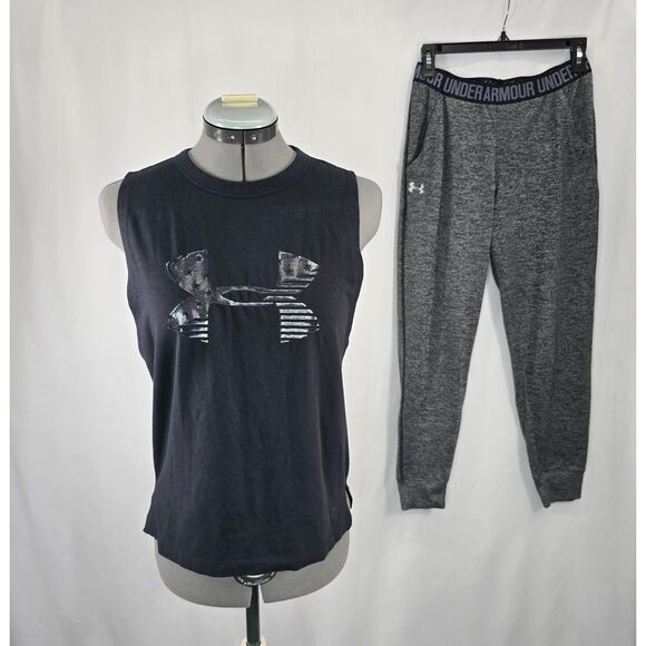 Women's Athletic Under Armour Set Joggers‎ & American Flag Tank Black Gray SZ XS - Picture 1 of 9